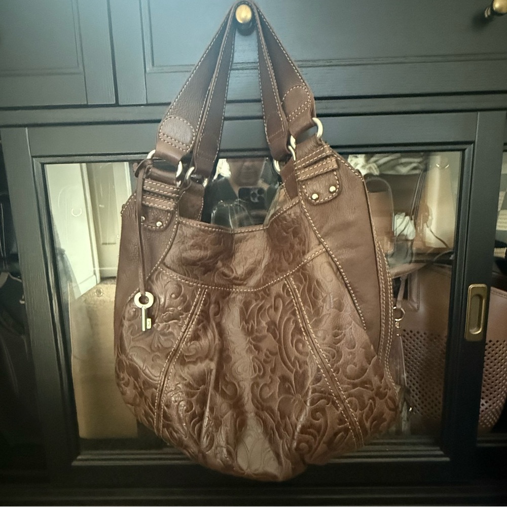 Fossil Filigree Brown Leather Embossed Women's Tote/Handbag